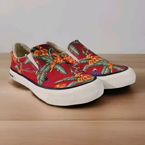Seavees  Womens Hawthorne Slip On Magnum Shoes Size 5 Red‎ Hawaiian Bird Poplin